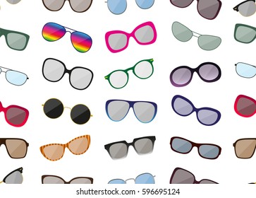 Seamless pattern with sunglasses. Colored spectacle frames. Different shapes. Vector illustration