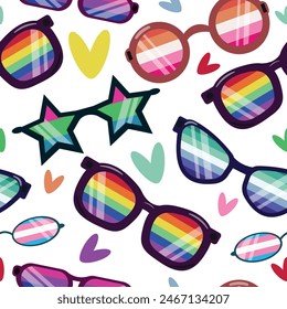 seamless pattern of sunglasses of different shapes in the colors of the flags of LGBT communities, namely lesbian, gay, bisexual and others, for posters, packaging or design