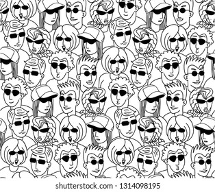 Seamless pattern, Sunglasses, Eyeglasses, Diverse People in Eyeglasses, Girl With Sunglasses, Summer Time, multi-ethnic people. Antistress coloring page