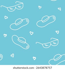 Seamless Pattern With Sunglasses, Hats, and Hearts on a blue Background