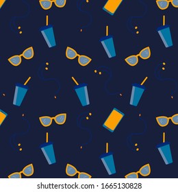 Patrón sin inconvenientes con gafas de sol, auriculares, un smartphone y un vaso con una bebida sobre un fondo azul. Idóneo como papel envolvente, vectorial de impresión de tela