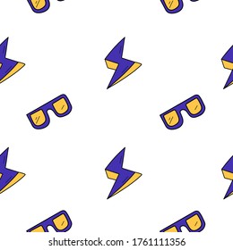 Seamless pattern. Sunglasses and lightning. Bright colours. Vector pattern.