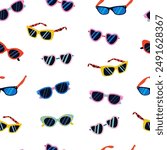 Seamless Pattern with Sunglasses in the Memphis Style. Eye Protection from the Sun. A Bright Background for Summer Designs, Wrapping Paper, Covers, Prints and Textiles. Vector Tile with Accessories.
