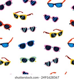 Seamless Pattern with Sunglasses in the Memphis Style. Eye Protection from the Sun. A Bright Background for Summer Designs, Wrapping Paper, Covers, Prints and Textiles. Vector Tile with Accessories.