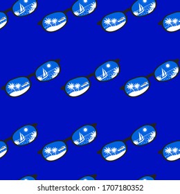 Seamless pattern with sunglasses, palm trees, sea, yacht, sailing boat, sun on a blue background.