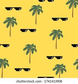 Seamless pattern sunglasses pixel palm trees. Vector illustration