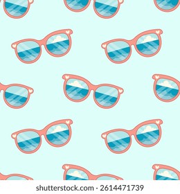 Seamless pattern with sunglasses reflecting ocean waves