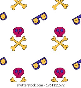 Seamless pattern. Sunglasses and skull with bones. Bright colours. Suitable for Halloween decoration.