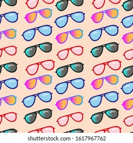 Seamless pattern with sunglasses. Summer wallpaper sunglasses on a pink background. 