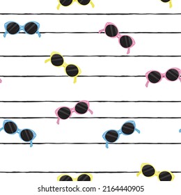 Seamless pattern with sunglasses in various colours on striped background.