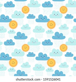 Seamless pattern with sunny and frost winter day. Vector illustration with sun, clouds and snow. Great for nursery theme, wallpaper, fabric, print design.