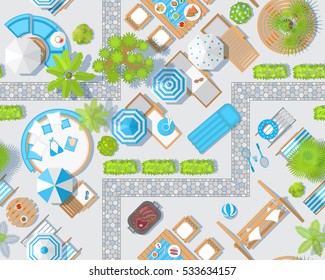 Seamless pattern. Sunny patio view from above. Summertime - umbrellas, path, swing, grill, palm, sunbeds, chairs, tables. (Top view) 