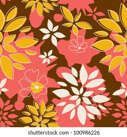 Seamless Pattern Sunny Summer, Leaves, pink and brown color variation.  Pattern color swatch included