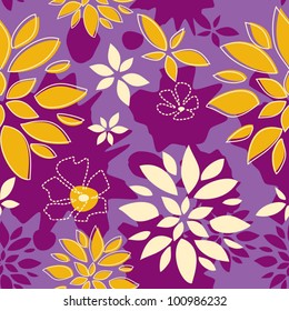 Seamless Pattern Sunny Summer, Leaves, lilac purple and yellow color variation.  Pattern color swatch included