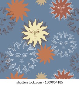 Seamless pattern with suns. Boho style. Abstract background. Perfect for pajama fabrics, packing, textiles and covers.