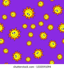 Seamless pattern of suns in cartoon style. On color background, vector illustration.
