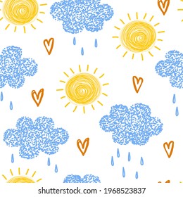 Seamless pattern with suns and clouds on a white background. Hand-drawn cute pattern.