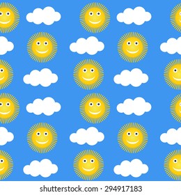 Seamless pattern with suns and clouds. Vector illustration.