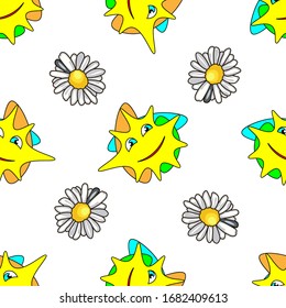 seamless pattern with suns and daisies on a white background 