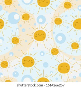 Seamless pattern with suns and different colors circles. Cute vector doodle illustration isolated on bright background. Scandinavian style. Design for print, textile, fabric.