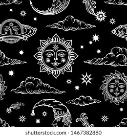 Seamless pattern of suns, months, comets, clouds and planets on a black background. Graphic design in the old style depicting the sky and celestial bodies, graphic print for various designs.