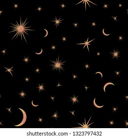 Seamless pattern with suns, moons and stars. Vector gold and black illustration. Print could be used for textile, zodiac star yoga mat, underwear