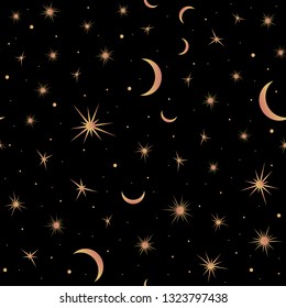 Seamless pattern with suns, moons and stars. Vector gold and black illustration. Print could be used for textile, zodiac star yoga mat, underwear