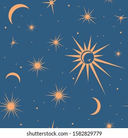 Seamless pattern with suns, moons and stars. Vector gold and blue illustration. Print could be used for textile, zodiac star yoga mat, underwear