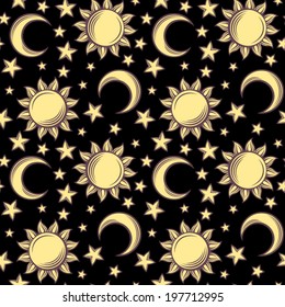 Seamless pattern with suns, moons and stars. Vector illustration.