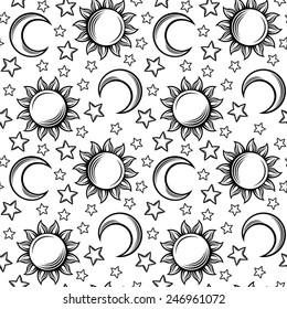 Seamless pattern with suns, moons and stars. Vector illustration.