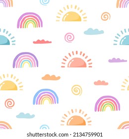 Seamless pattern  suns with rainbow and clouds pastel