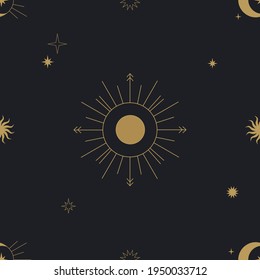 Seamless pattern with suns, stars and moons on a dark blue background