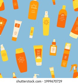 Seamless pattern of sunscreen bottles, tubes, spray. SPF cream, lotion ornament. Sunscreen protection and sun safety. Hand drawn organic vector illustration.