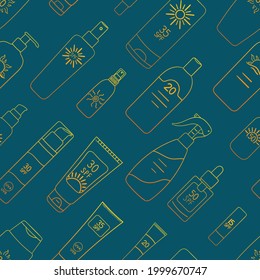Seamless pattern of sunscreen bottles, tubes, spray. SPF cream, lotion ornament. Sunscreen protection and sun safety. Hand drawn line vector illustration.