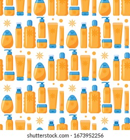 Seamless pattern with sunscreen cream and lotion on white background. Protection for the skin from solar ultraviolet light. Design element for fabric, wallpaper or wrapping paper. Flat design style.