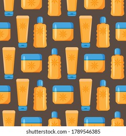 Seamless pattern with sunscreen cream and lotion. Protection for the skin from solar ultraviolet light. Design element for fabric, wallpaper or wrapping paper. Flat design.