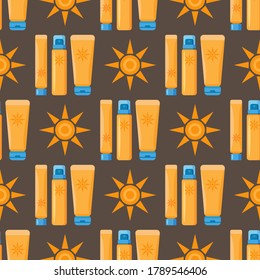 Patrón sin inconvenientes con crema de protección solar y loción. Protección de la piel contra la luz solar ultravioleta. Elemento de diseño para tela, papel pintado o papel envolvente. Diseño plano.