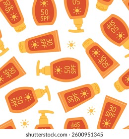 Seamless pattern with sunscreen creams in bottle and tube on white background. Sun protection products. Sunblock summer cosmetics. Skin care. Vector flat illustration for wallpaper, textile, packaging