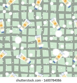 Seamless Pattern with sunscreen creams on black background. Vector Illustration