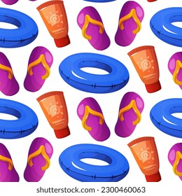 Seamless pattern with sunscreen, flip flops, inflatable rubber ring. Swimming pool accessories, tropical resort. Beach party holidays, summer vacation, leisure, recreation, rest item. Vector for flyer