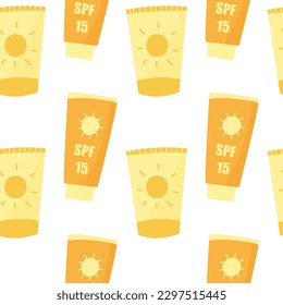 Seamless pattern with sunscreen lotions and creams. Wallpaper design for sunbath procedures