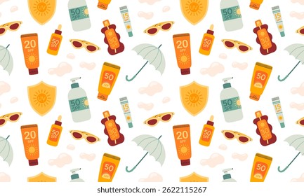 Seamless pattern with sunscreen product, umbrella, spf cream, lotion, sunglasses. UV protection for skin. SPF protection concept. Sun safety shield. Summer background. Hand drawn vector illustration 