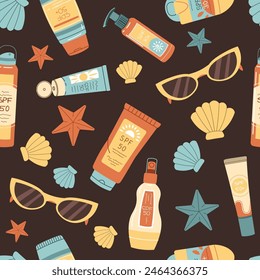 Seamless pattern with sunscreen and seashells. SPF protection for skin from the sun. Summer endless texture. Great for texture, background, wallpaper, scrapbooking.