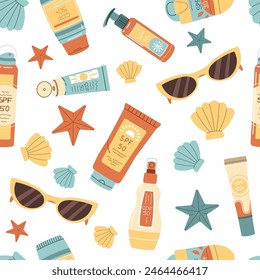 Seamless pattern with sunscreen and seashells. SPF protection for skin from the sun. Summer endless texture. Great for texture, background, wallpaper, scrapbooking.