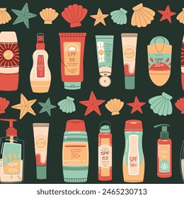 Seamless pattern with sunscreen and seashells. SPF protection for skin from the sun. Summer endless texture. Great for texture, background, wallpaper, scrapbooking.