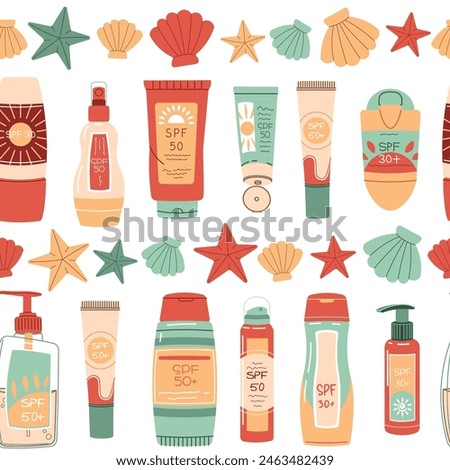 Seamless pattern with sunscreen and seashells. SPF protection for skin from the sun. Summer endless texture. Great for texture, background, wallpaper, scrapbooking.