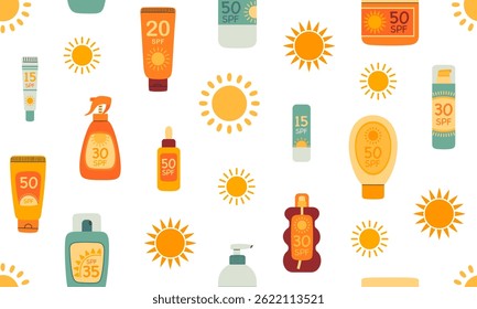 Seamless pattern with sunscreen. SPF bottles, sun protection. Safe tanning. Cosmetic product. Beauty industry. Travel, beach or skincare background. Hand drawn vector illustration