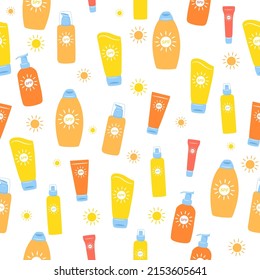 Seamless pattern with sunscreen. Vector illustration on tema beauty and health.