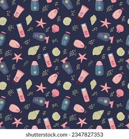 Seamless pattern with Sunscreens. Sunlight safety, sun rays safety.	