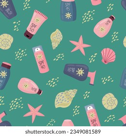 Seamless pattern with Sunscreens. Sunlight safety, sun rays safety.
